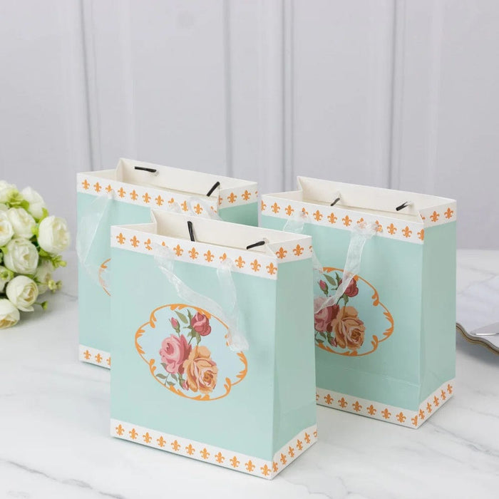 12 Vintage Rose Floral Paper Gift Bags with Ribbon Handles