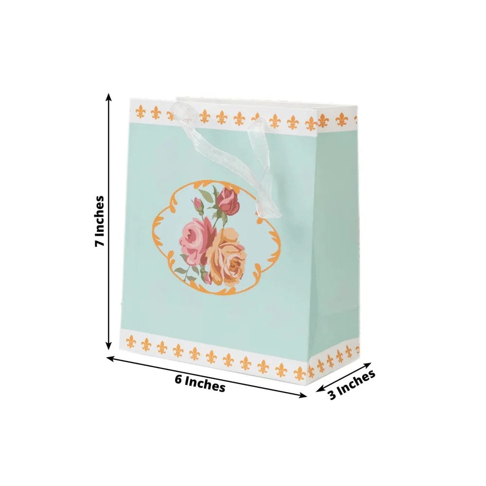 12 Vintage Rose Floral Paper Gift Bags with Ribbon Handles