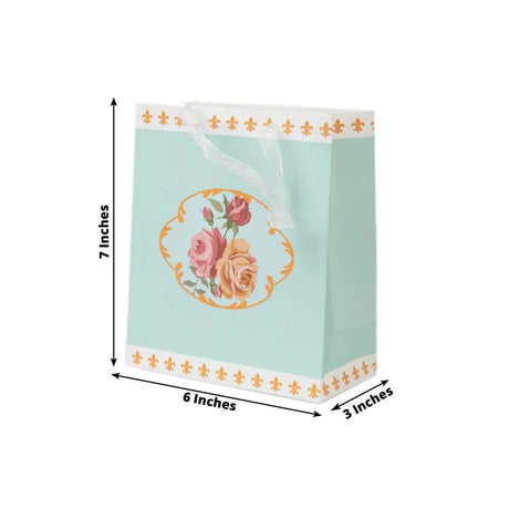 12 Vintage Rose Floral Paper Gift Bags with Ribbon Handles