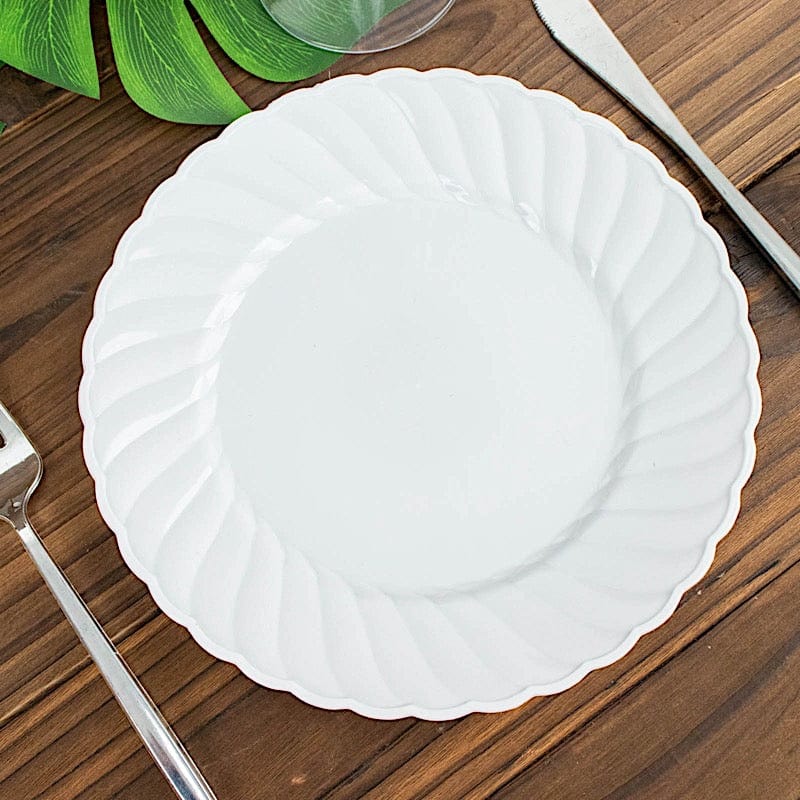 12 White Round Plastic Salad and Dinner Plates with Swirl Design Rim - Disposable Tableware