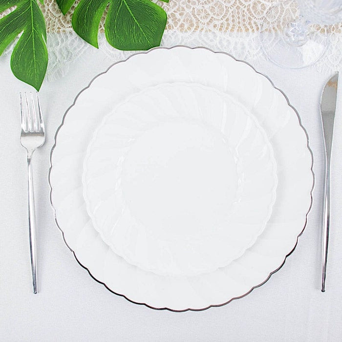 12 White Round Plastic Salad and Dinner Plates with Swirl Design Rim - Disposable Tableware