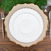 12 White Round Plastic Salad and Dinner Plates with Swirl Design Rim - Disposable Tableware