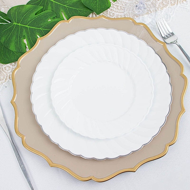 12 White Round Plastic Salad and Dinner Plates with Swirl Design Rim - Disposable Tableware