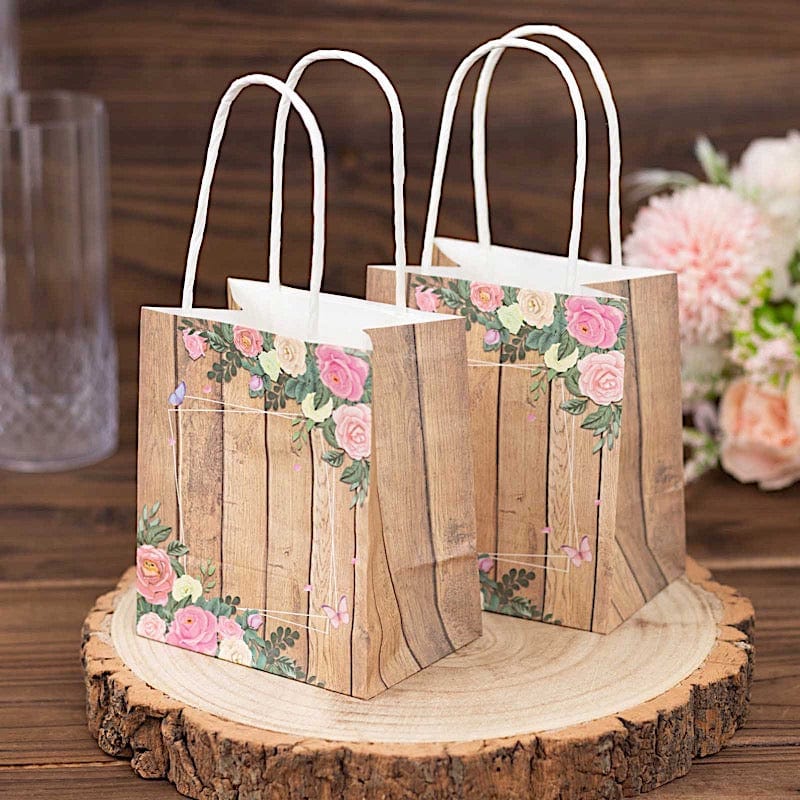 12 Wood Print Paper Gift Bags with Rose Floral Accent - Natural BAG_PAP02_4X4_NAT