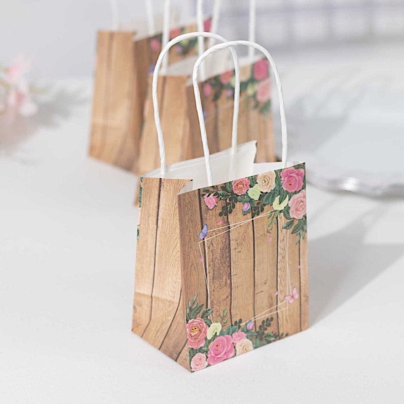 12 Wood Print Paper Gift Bags with Rose Floral Accent - Natural BAG_PAP02_4X4_NAT