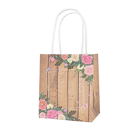 12 Wood Print Paper Gift Bags with Rose Floral Accent - Natural BAG_PAP02_4X4_NAT