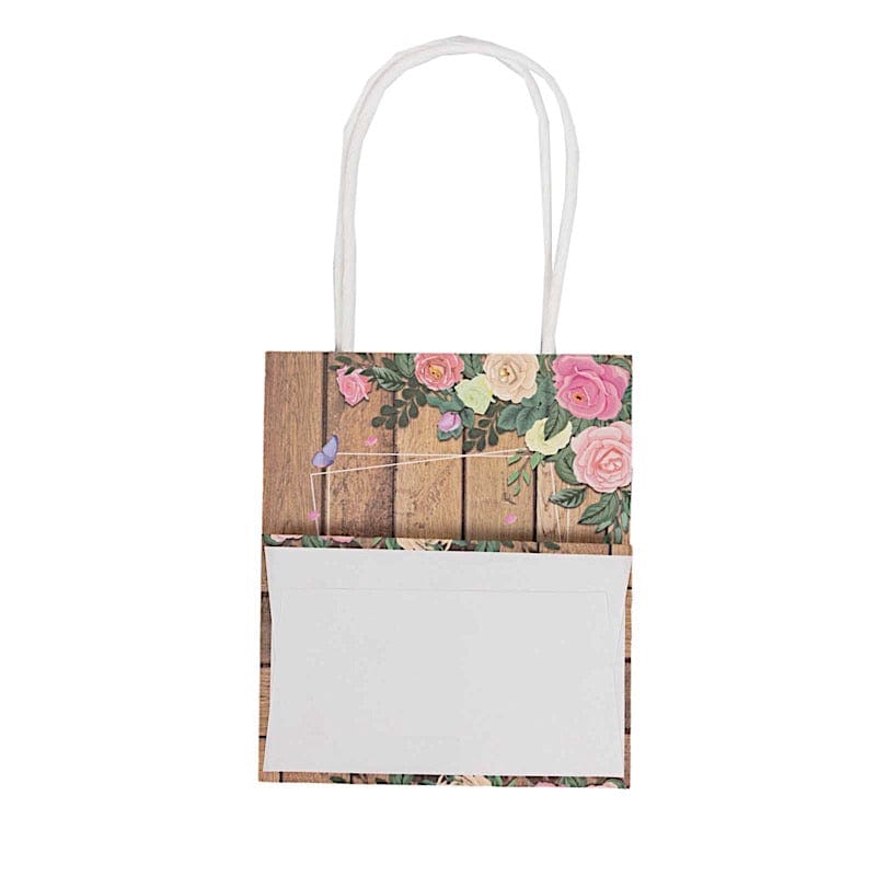 12 Wood Print Paper Gift Bags with Rose Floral Accent - Natural BAG_PAP02_4X4_NAT