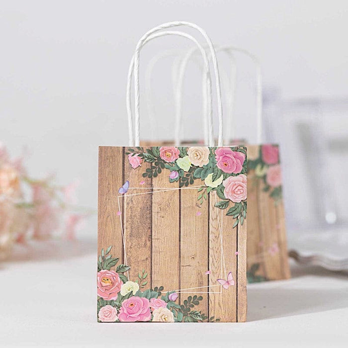 12 Wood Print Paper Gift Bags with Rose Floral Accent - Natural BAG_PAP02_4X4_NAT