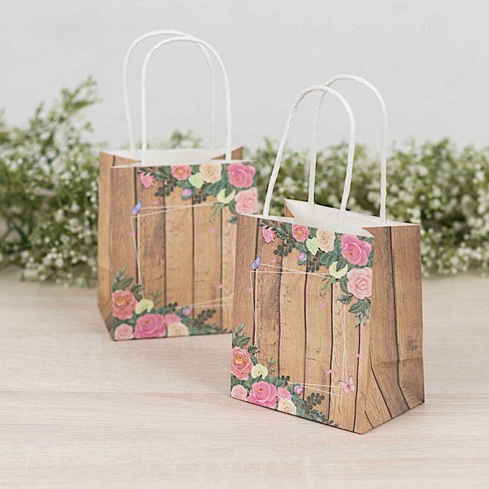 12 Wood Print Paper Gift Bags with Rose Floral Accent - Natural BAG_PAP02_4X4_NAT