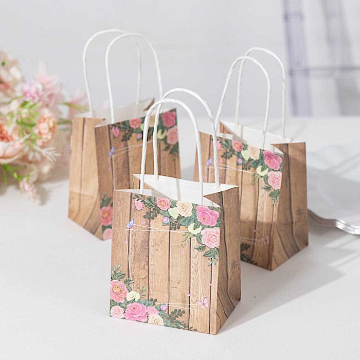 12 Wood Print Paper Gift Bags with Rose Floral Accent - Natural BAG_PAP02_4X4_NAT