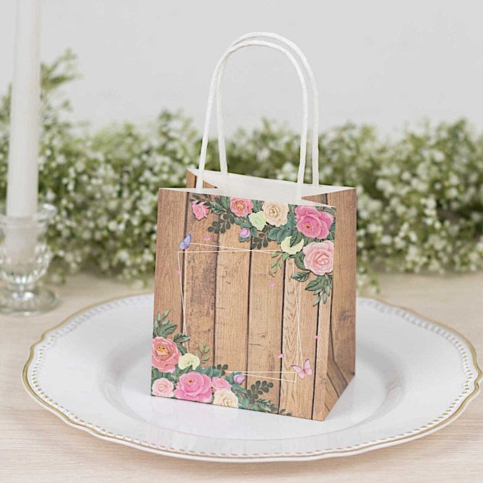 12 Wood Print Paper Gift Bags with Rose Floral Accent - Natural BAG_PAP02_4X4_NAT