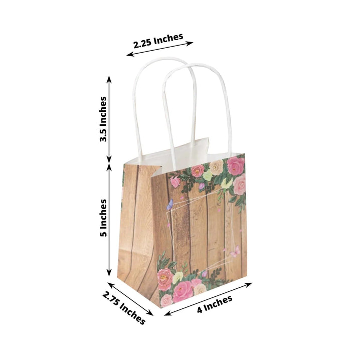 12 Wood Print Paper Gift Bags with Rose Floral Accent - Natural BAG_PAP02_4X4_NAT