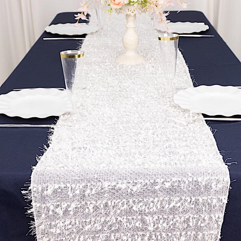 12" x 108" Fringe Shag Polyester Table Runner RUN_STR02_WHT