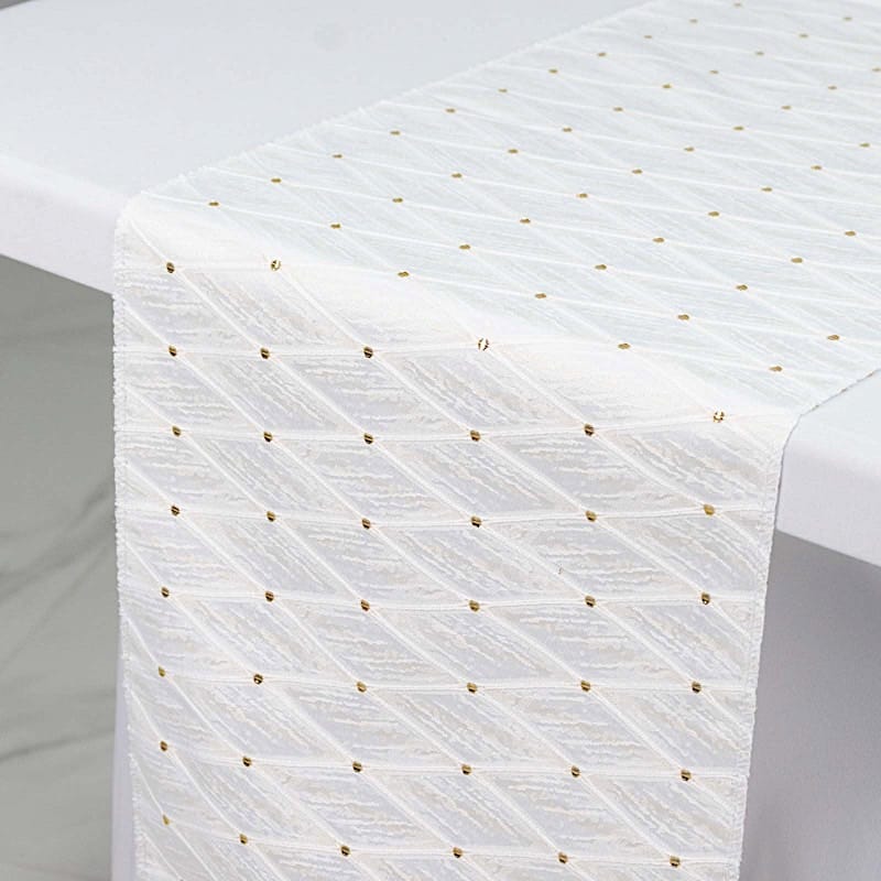 12" x 108" Jacquard Table Runner Diamond Trellis with Gold Accent Dots
