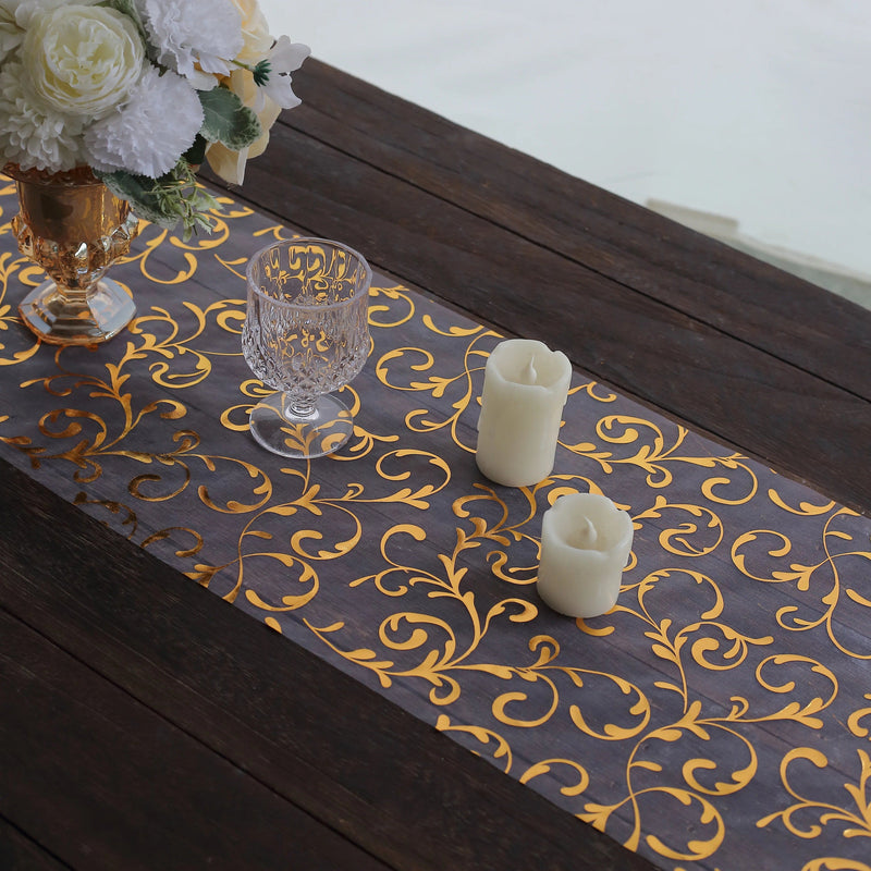 12" x 108" Metallic Sheer Organza Table Runner with Embossed Foil Floral Design