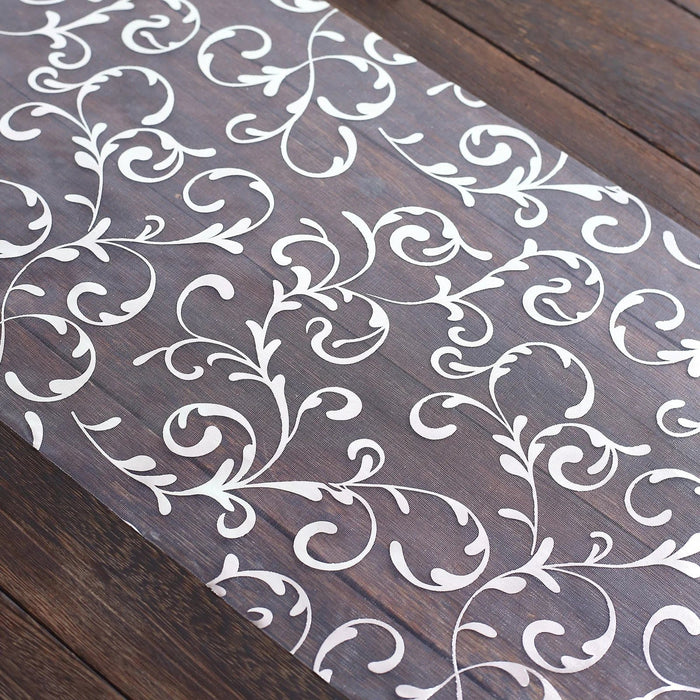 12" x 108" Metallic Sheer Organza Table Runner with Embossed Foil Floral Design