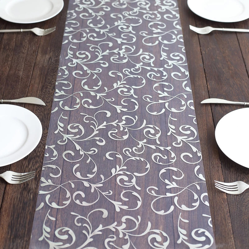 12" x 108" Metallic Sheer Organza Table Runner with Embossed Foil Floral Design