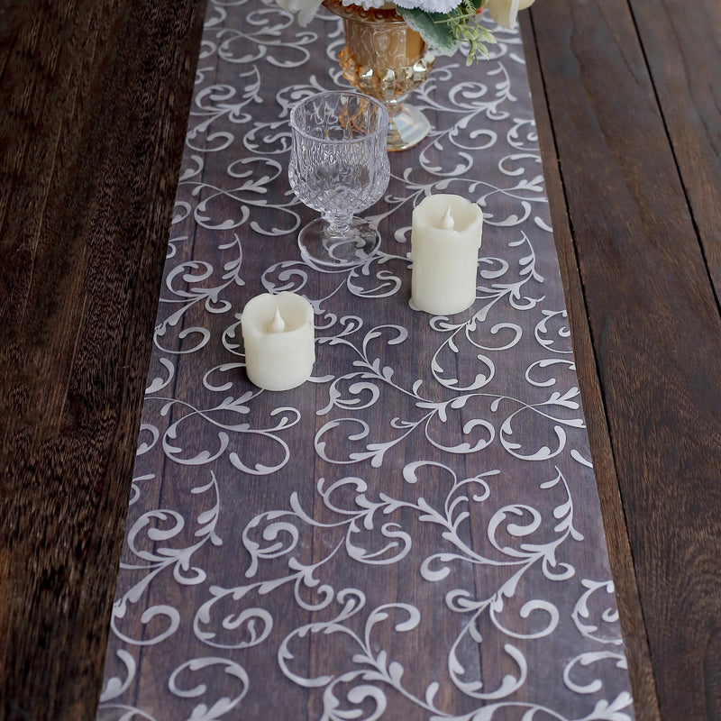 12" x 108" Metallic Sheer Organza Table Runner with Embossed Foil Floral Design