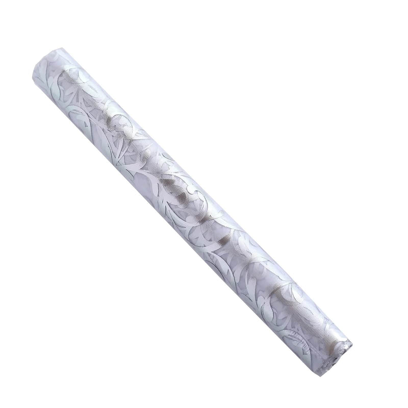 12" x 108" Metallic Sheer Organza Table Runner with Embossed Foil Floral Design RUN_MET08_SILV