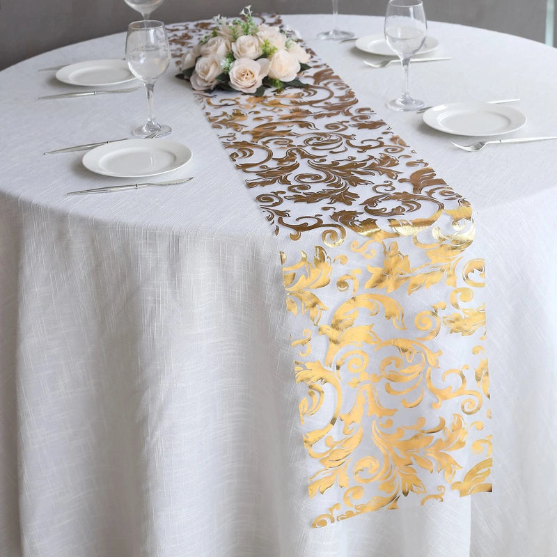 12" x 108" Metallic Sheer Organza Table Runner With Swirl Foil Floral Design