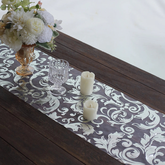 12" x 108" Metallic Sheer Organza Table Runner With Swirl Foil Floral Design