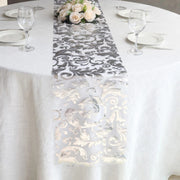 12" x 108" Metallic Sheer Organza Table Runner With Swirl Foil Floral Design