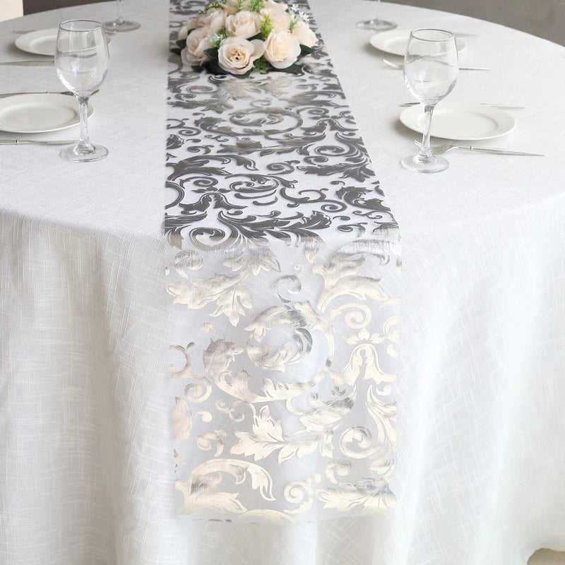 12" x 108" Metallic Sheer Organza Table Runner With Swirl Foil Floral Design