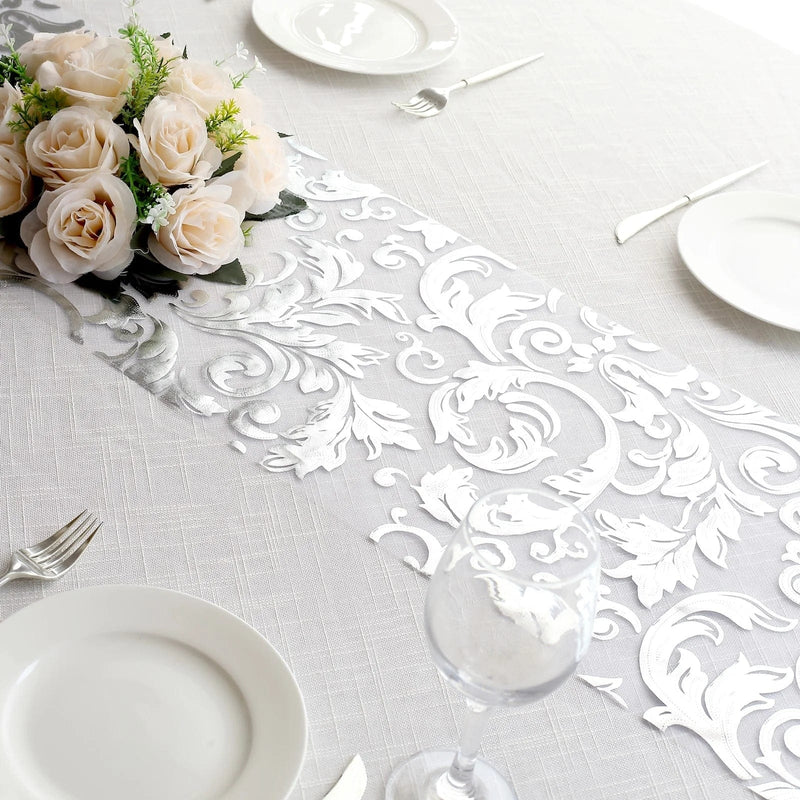 12" x 108" Metallic Sheer Organza Table Runner With Swirl Foil Floral Design
