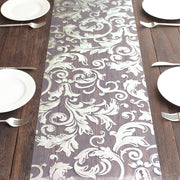 12" x 108" Metallic Sheer Organza Table Runner With Swirl Foil Floral Design
