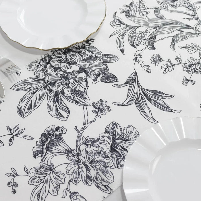 12" x 108" Polyester Table Runner with Blue French Toile Floral Print - White