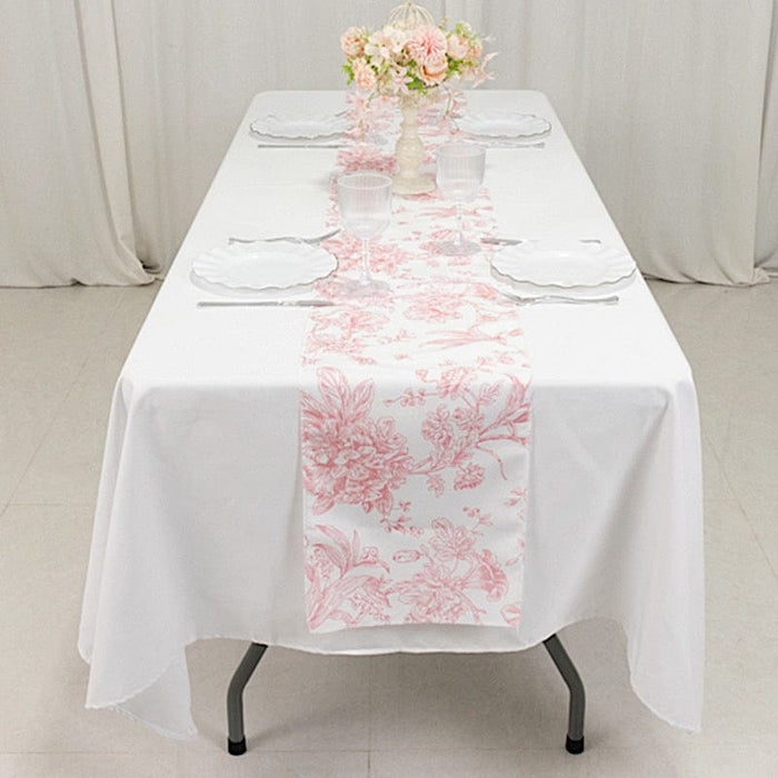 12" x 108" Polyester Table Runner with Blue French Toile Floral Print - White