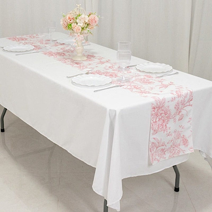 12" x 108" Polyester Table Runner with Blue French Toile Floral Print - White