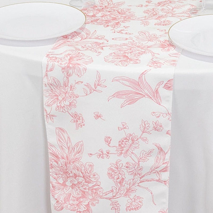 12" x 108" Polyester Table Runner with Blue French Toile Floral Print - White