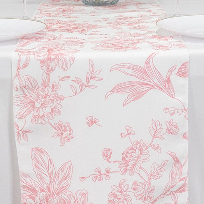 12" x 108" Polyester Table Runner with Blue French Toile Floral Print - White