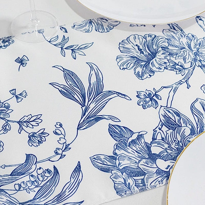 12" x 108" Polyester Table Runner with Blue French Toile Floral Print - White