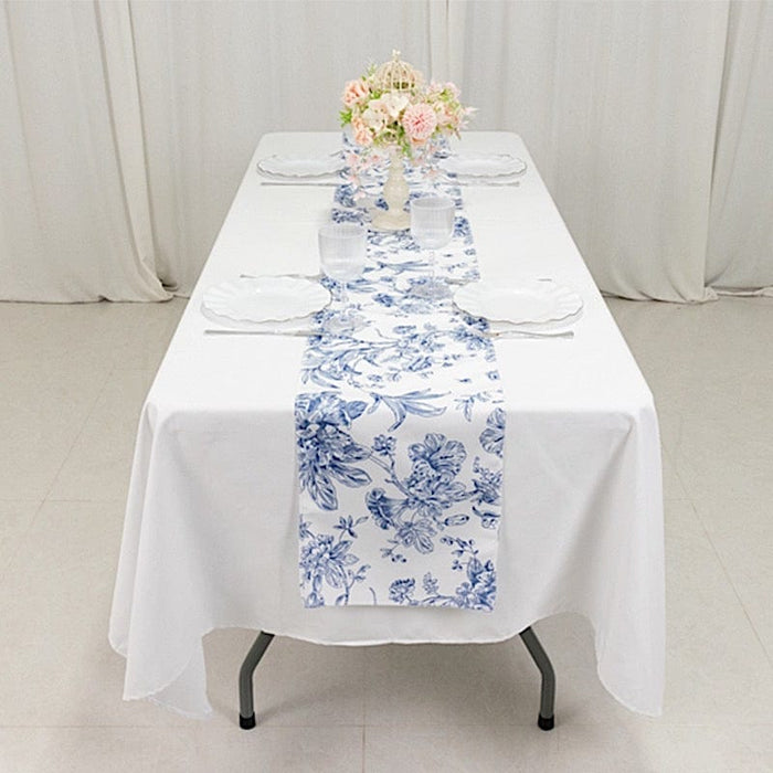 12" x 108" Polyester Table Runner with Blue French Toile Floral Print - White
