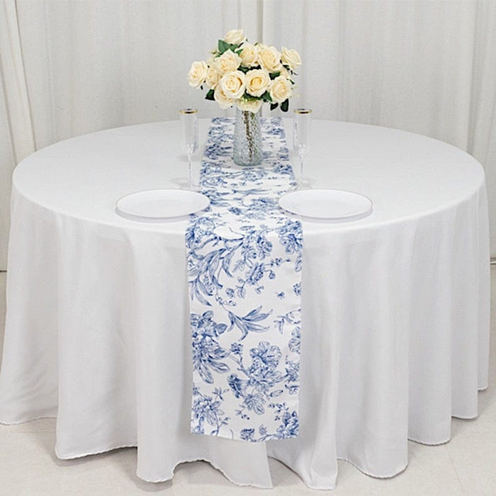 12" x 108" Polyester Table Runner with Blue French Toile Floral Print - White