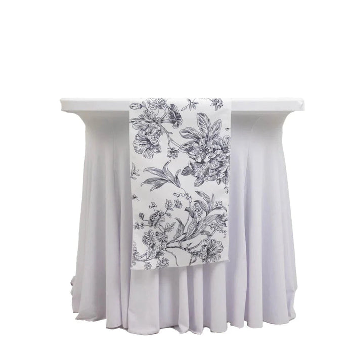 12" x 108" Polyester Table Runner with Blue French Toile Floral Print - White