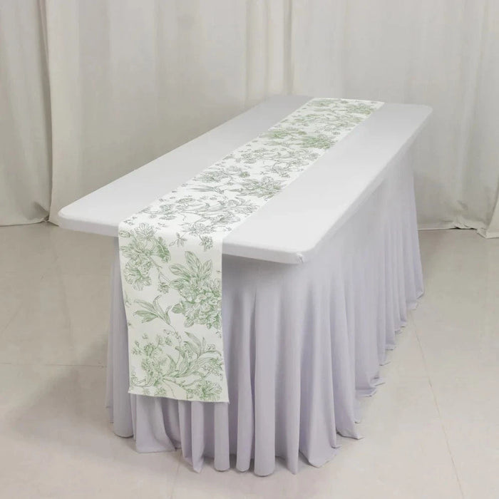 12" x 108" Polyester Table Runner with Blue French Toile Floral Print - White