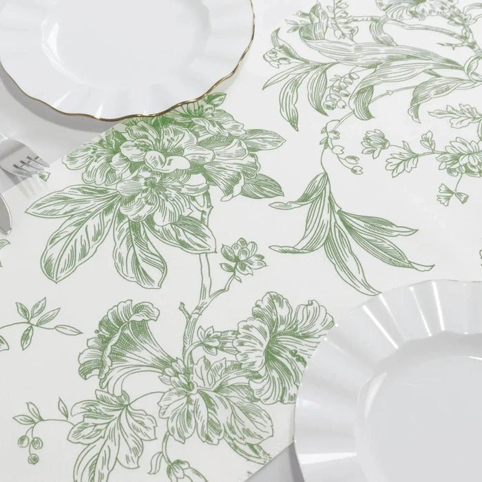 12" x 108" Polyester Table Runner with Blue French Toile Floral Print - White