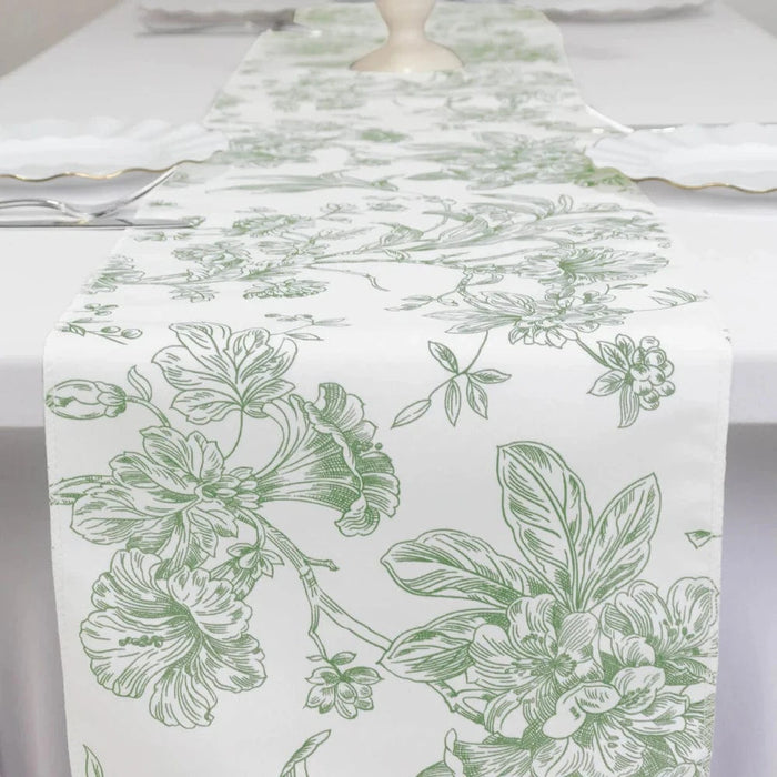 12" x 108" Polyester Table Runner with Blue French Toile Floral Print - White