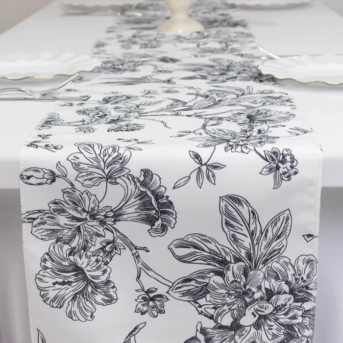 12" x 108" Polyester Table Runner with Blue French Toile Floral Print - White