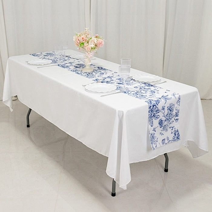 12" x 108" Polyester Table Runner with Blue French Toile Floral Print - White