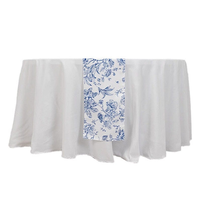 12" x 108" Polyester Table Runner with Blue French Toile Floral Print - White