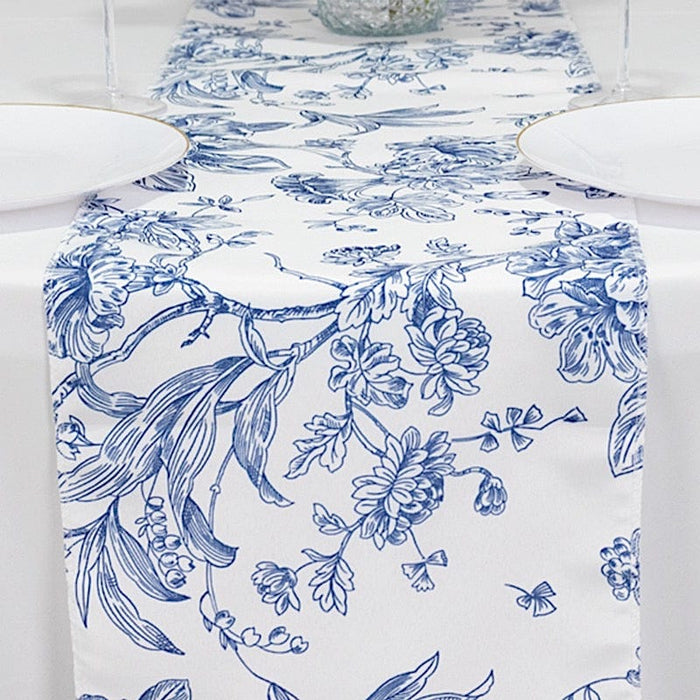 12" x 108" Polyester Table Runner with Blue French Toile Floral Print - White