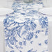 12" x 108" Polyester Table Runner with Blue French Toile Floral Print - White