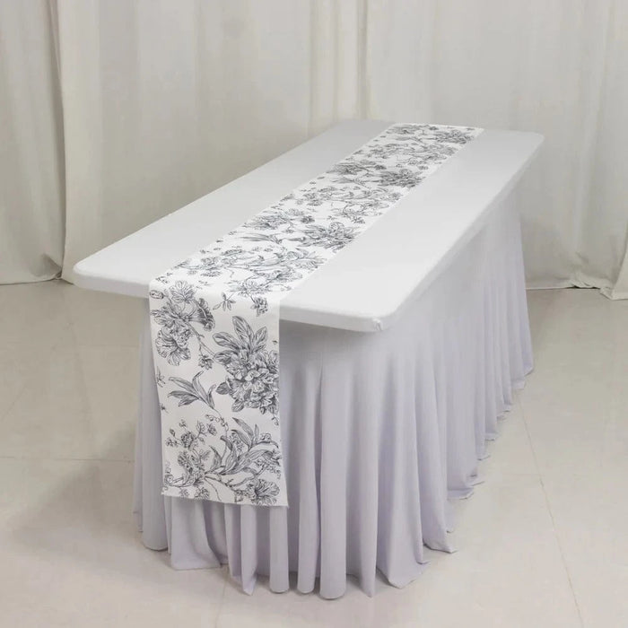 12" x 108" Polyester Table Runner with Blue French Toile Floral Print - White