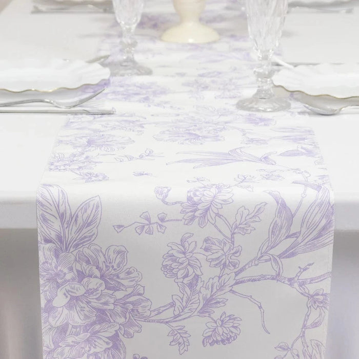 12" x 108" Polyester Table Runner with Blue French Toile Floral Print - White