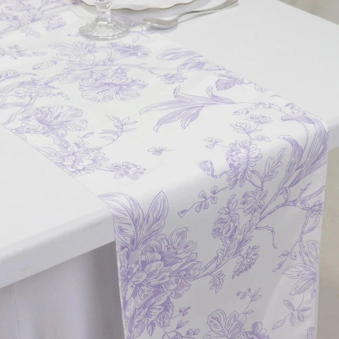 12" x 108" Polyester Table Runner with Blue French Toile Floral Print - White