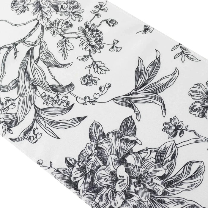 12" x 108" Polyester Table Runner with Blue French Toile Floral Print - White RUN_PLY_FLORFT_BLK
